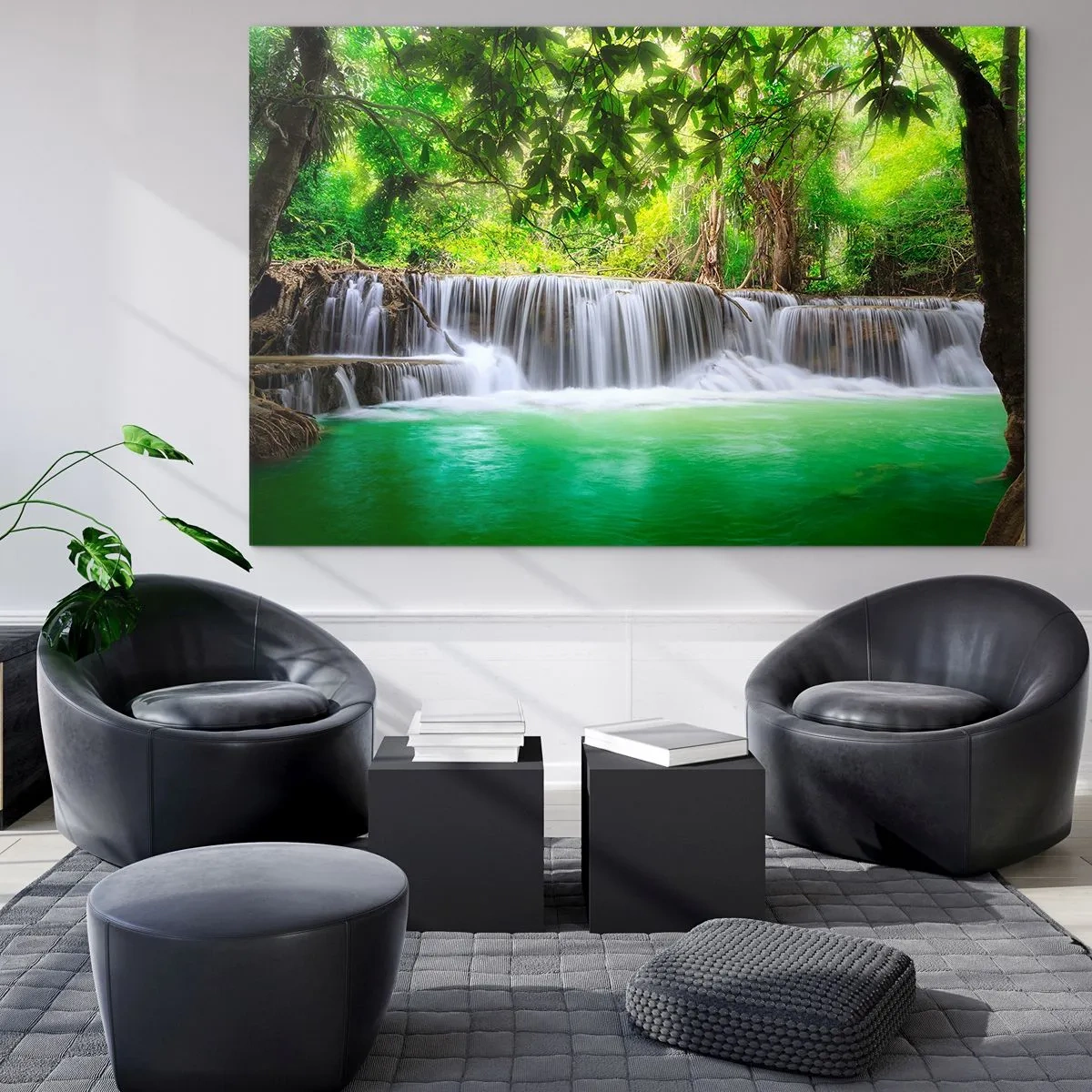 Schilderen op glas - Een waterval in het groen - 100x70 cm