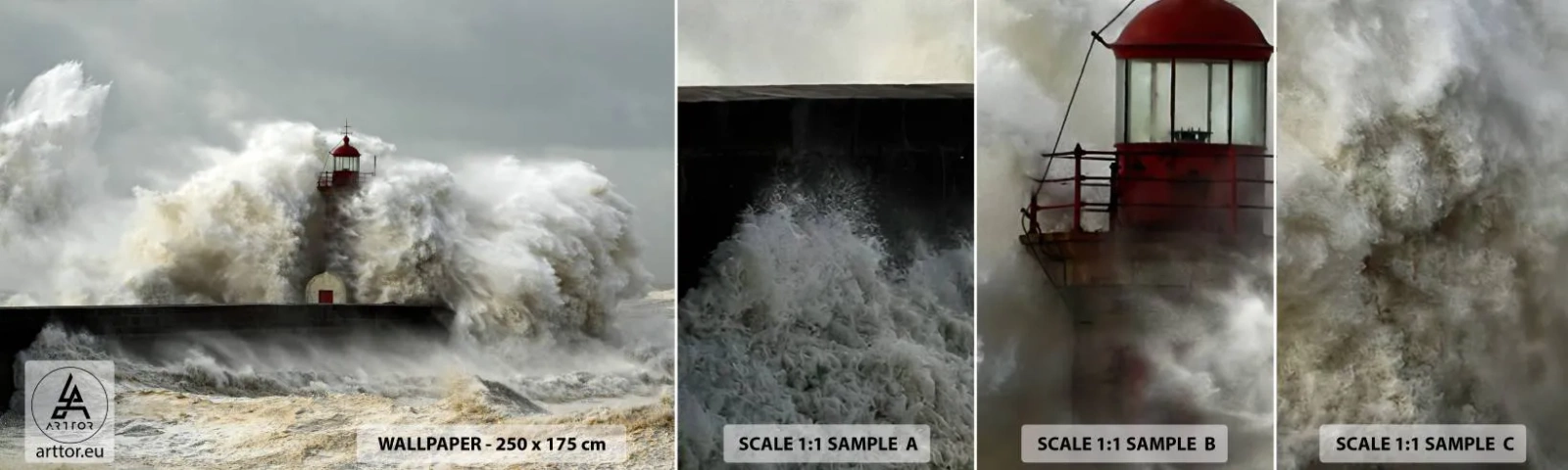 Fotobehang Staaltje Standard Eco - De woede van de oceaan - Landschap, Vuurtoren, Storm - 100x30 cm