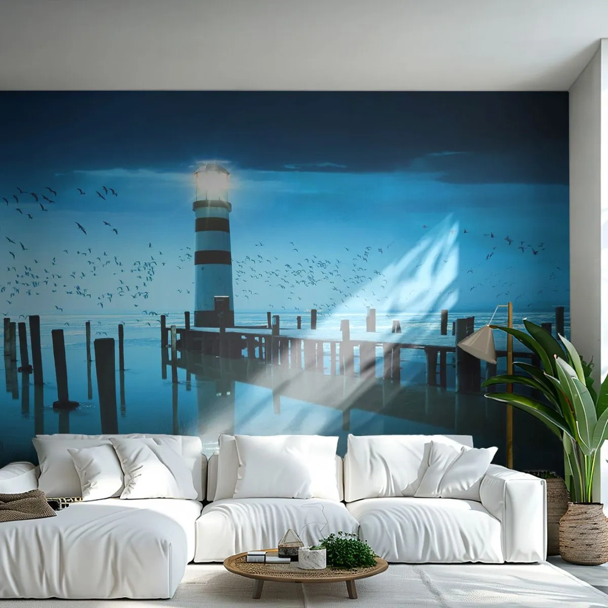 Fotobehang Premium Sand - En je bent niet bang in het donker - Landschap, Vuurtoren, Houten brug - 100x70 cm