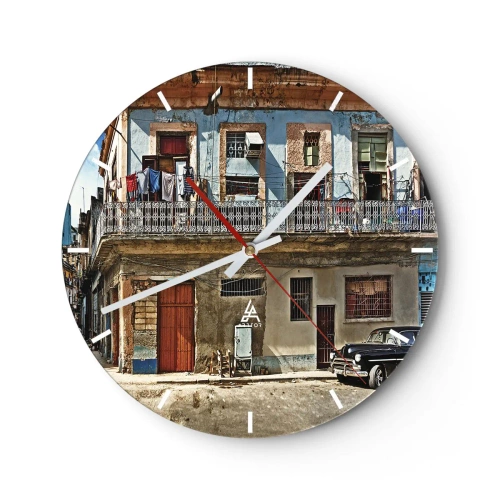 Wandklok - Klok - De kleurrijke gevel van een oud gebouw met balkon en wasruimte - 30x30cm - Havana-vibes - Moderne wanddecoratie voor woonkamer, keuken en slaapkamer ARTTOR