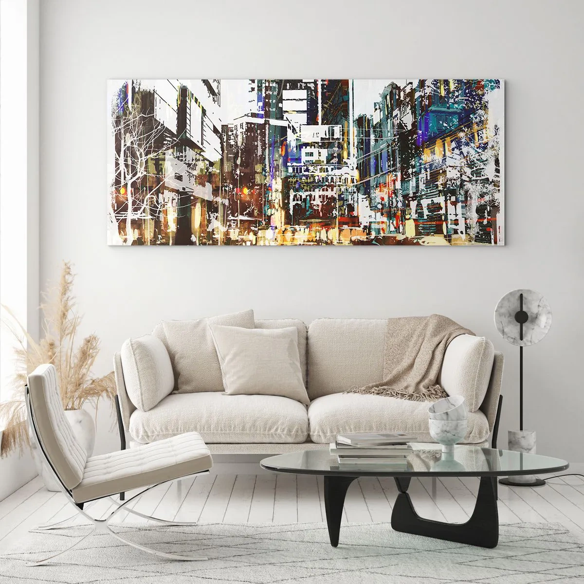 Schilderen op glas - Een glinsterende stad - 120x50 cm