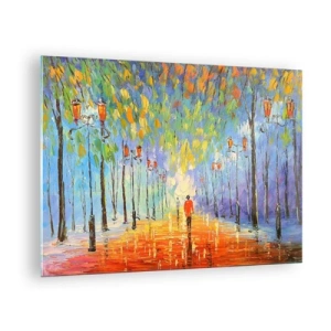Schilderen op glas - Een kleurrijk park met een steegje en lantaarns in schilderachtige stijl - 70x50cm - Nachtlied van regen - Moderne wanddecoratie voor woonkamer en slaapkamer ARTTOR