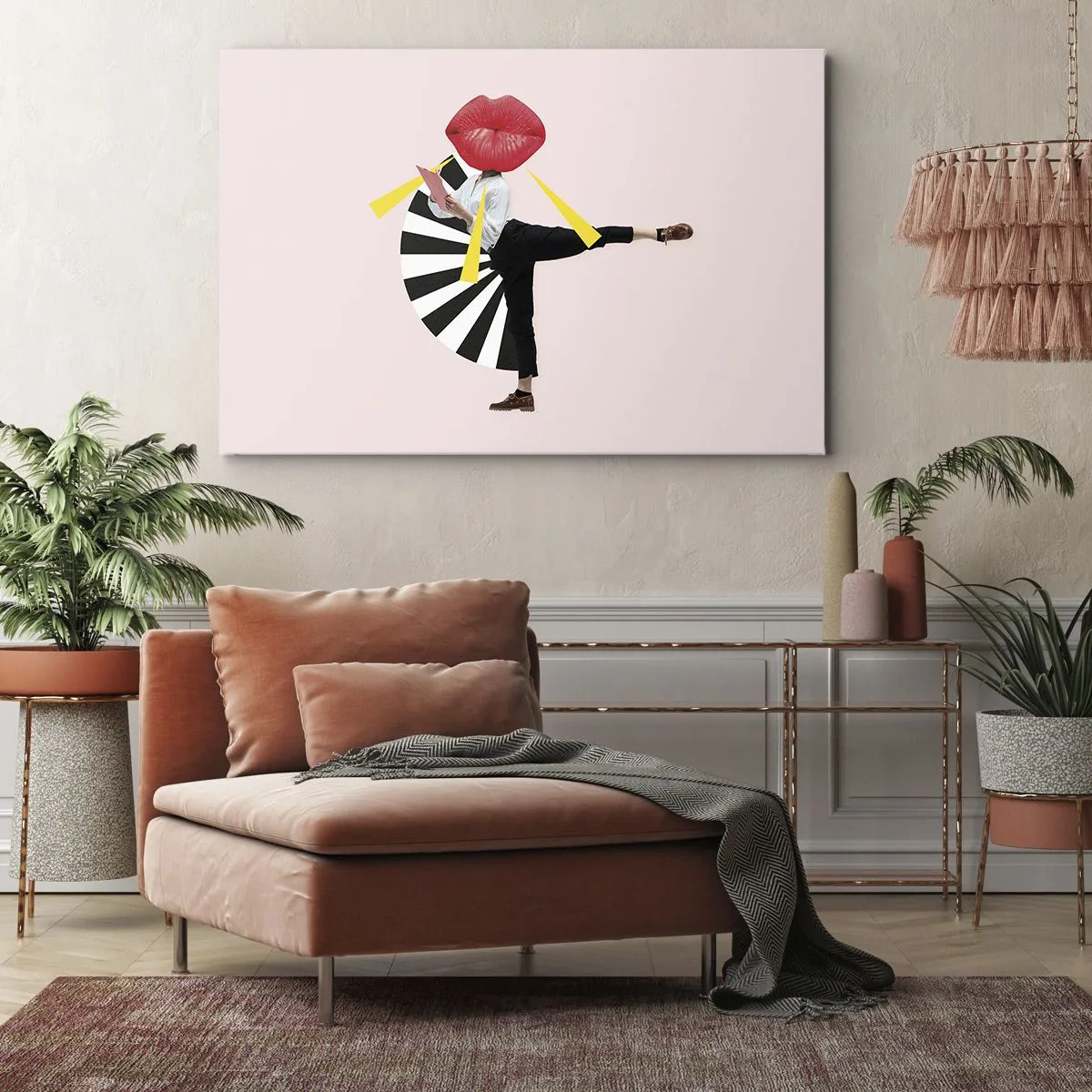 Schilderen op canvas - Surrealistisch figuur met mond en geometrische elementen - 70x50cm - Surrealistische pop-art - Moderne wanddecoratie voor woonkamer en slaapkamer ARTTOR