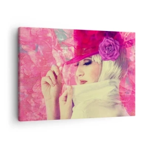 Schilderen op canvas - Stijlvolle vrouw in een roze hoed met een bloem - 70x50cm - Retro portret in een roze mist - Moderne wanddecoratie voor woonkamer en slaapkamer ARTTOR