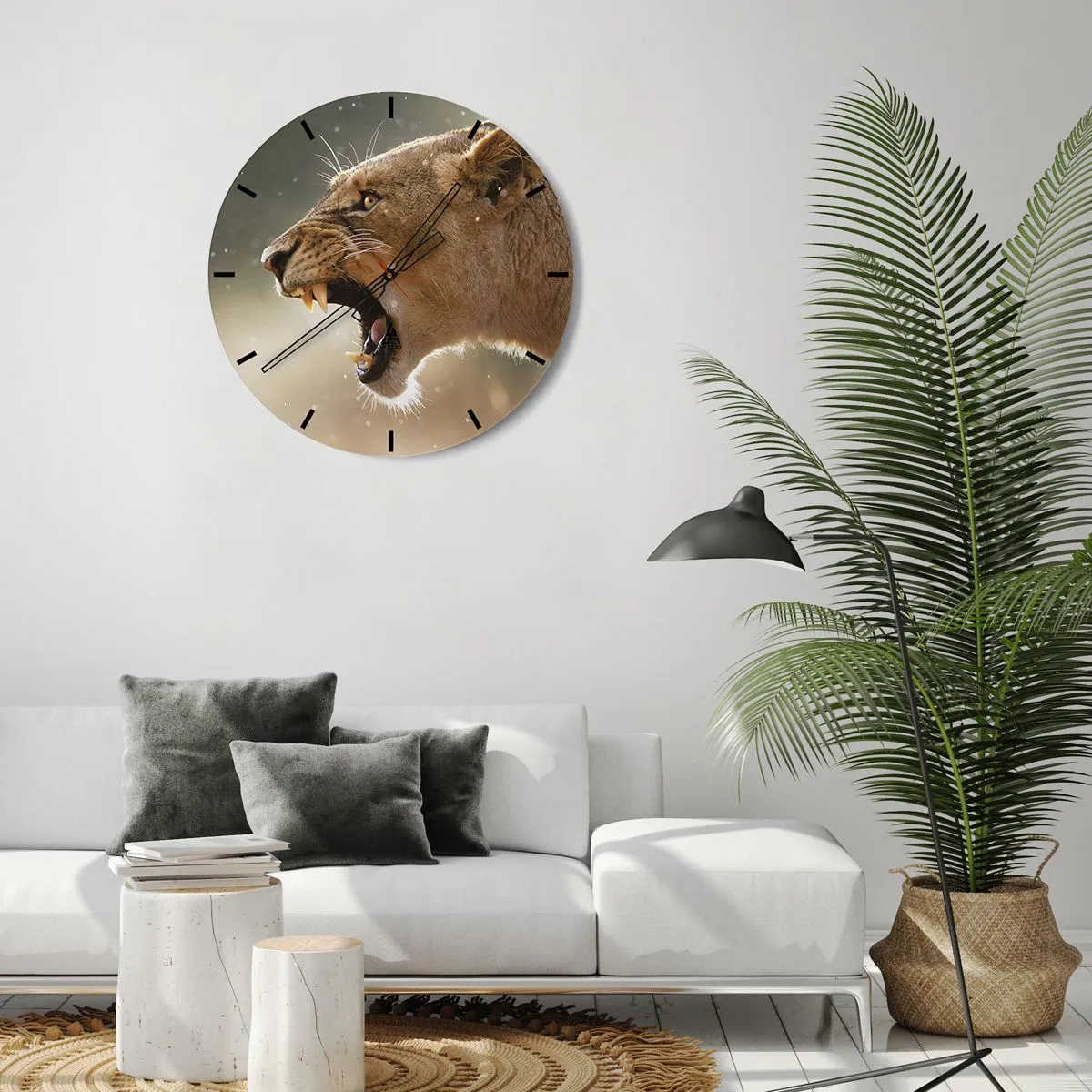 Wandklok - Klok - Een brullende leeuwin tegen de achtergrond van verlichte natuur - 30x30cm - Probeer niet te luisteren - Moderne wanddecoratie voor woonkamer, keuken en slaapkamer ARTTOR