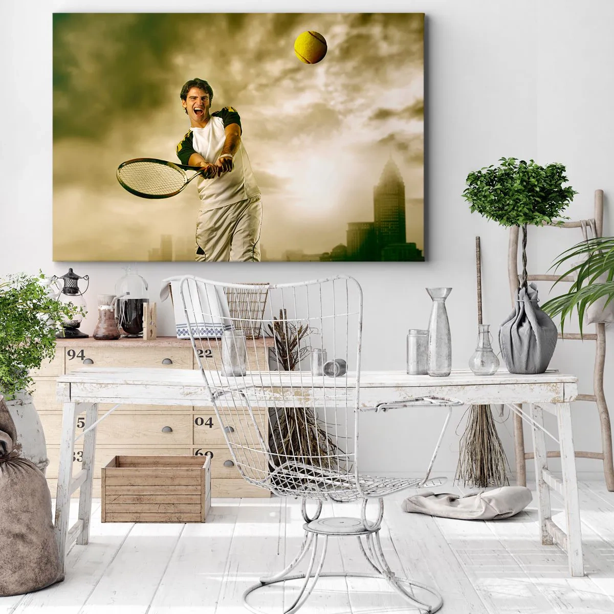 Schilderen op canvas - Tennisser in actie tijdens een wedstrijd tegen de achtergrond van een stedelijk landschap - 70x50cm - Energie en vreugde - Moderne wanddecoratie voor woonkamer en slaapkamer ARTTOR