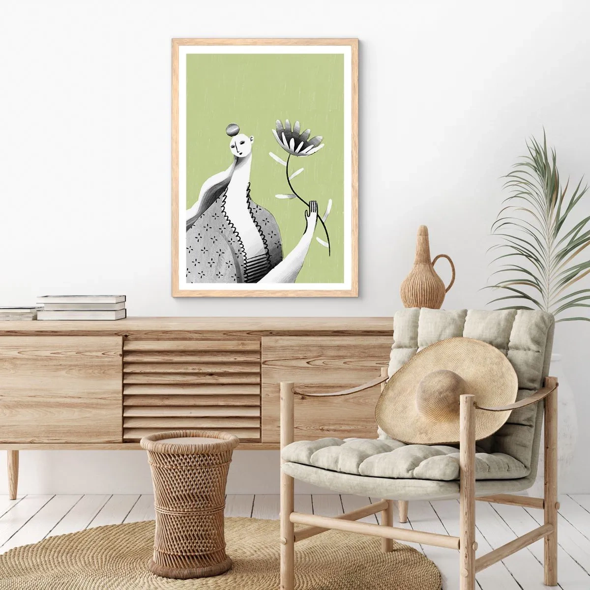 Een poster in een licht eiken lijst - Modernistisch portret – met een bloem in de hand - 30x40 cm