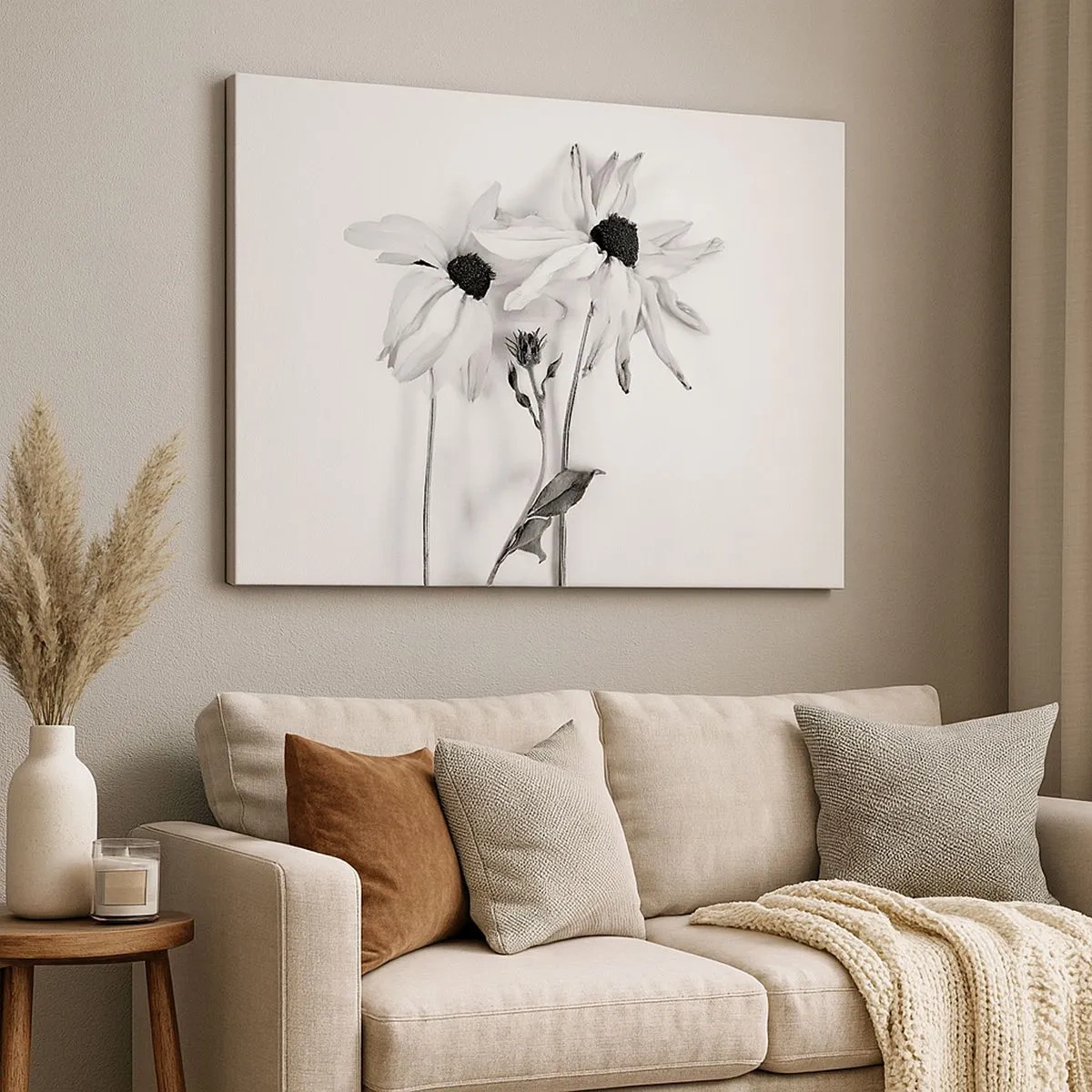 Schilderen op canvas - Zwart-witte bloemen met een subtiele compositie - 70x50cm - Niemand wil alleen zijn - Moderne wanddecoratie voor woonkamer en slaapkamer ARTTOR