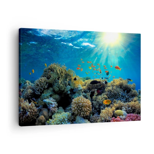 Schilderen op canvas - Koraalrif met vissen in de zonnestralen onder water - 70x50cm - Onderwater schatten - Moderne wanddecoratie voor woonkamer en slaapkamer ARTTOR