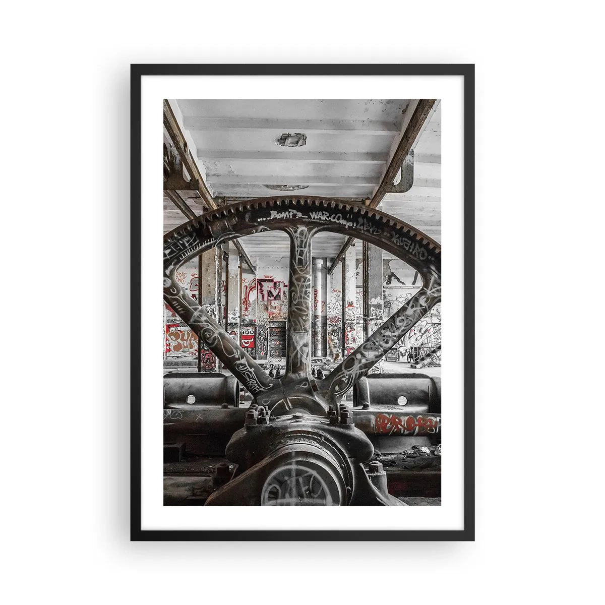 Poster in een zwarte lijst - Industriële graffitimachine in een verlaten fabriek - 50x70cm - Het geheime leven van de fabriek - Moderne wanddecoratie voor woonkamer en slaapkamer ARTTOR