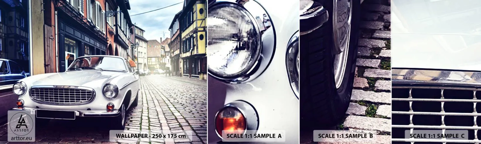 Fotobehang Monster Zelfklevend Deluxe Sticker - Het verleden is vandaag - Vintage auto, Stad, Frankrijk - 100x30 cm