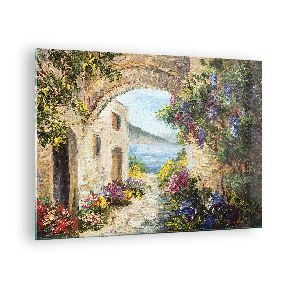 Schilderen op glas - Een pittoresk straatje met uitzicht op het meer - 70x50cm - De charme van een kustprovincie - Moderne wanddecoratie voor woonkamer en slaapkamer ARTTOR