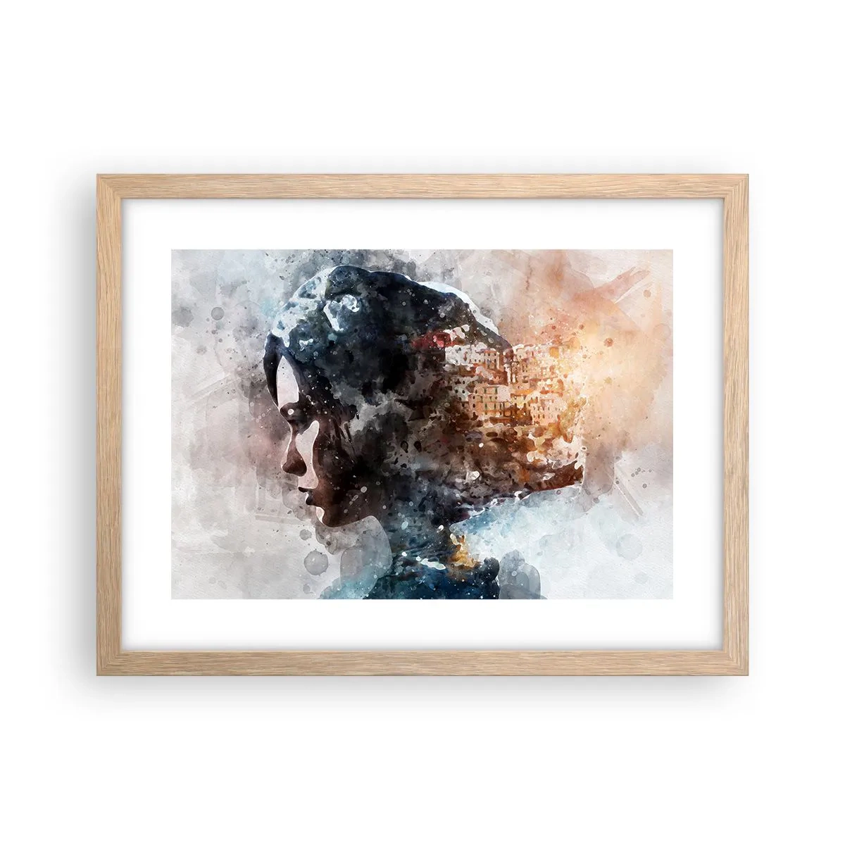 Een poster in een licht eiken lijst - Een verhaal over een meisje met een stad op de achtergrond - 40x30 cm