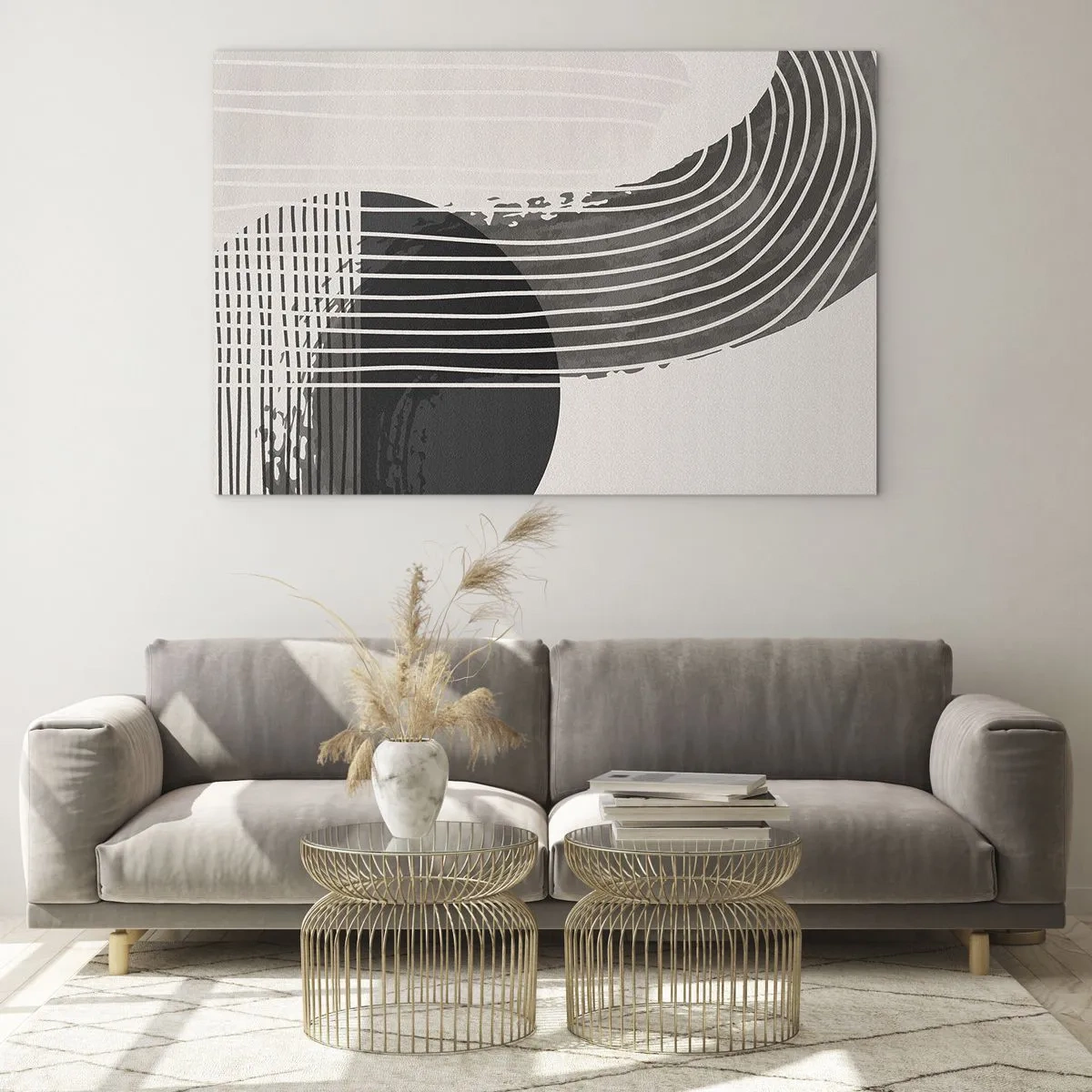 Schilderen op glas - Zwart-wit abstractie met lijnen en geometrische vormen - 70x50cm - Daar en terug - Moderne wanddecoratie voor woonkamer en slaapkamer ARTTOR