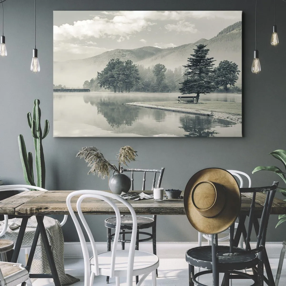 Schilderen op canvas - Een schilderachtig meer met een bankje en mist op de achtergrond - 70x50cm - Het meer slaapt nog - Moderne wanddecoratie voor woonkamer en slaapkamer ARTTOR