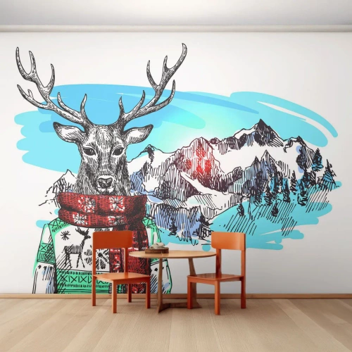 Zelfklevend Fotobehang Deluxe Sticker - Zelfs een hert bevriest niet - Abstractie, Hert, Voor kinderen - 350x256 cm