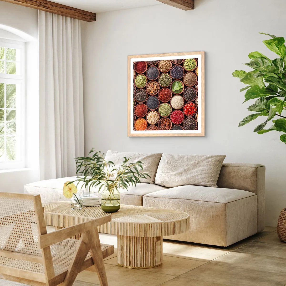 Een poster in een licht eiken lijst - Alle smaken van de wereld - 40x40 cm