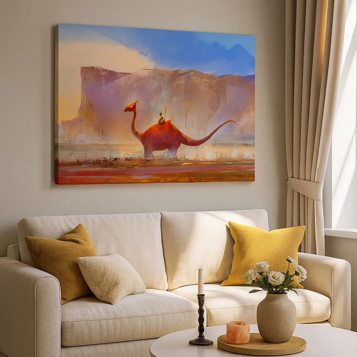 Schilderen op canvas - Een fantasiescène met een ruiter op een prehistorisch wezen - 70x50cm - Als ze niet waren uitgestorven - Moderne wanddecoratie voor woonkamer en slaapkamer ARTTOR