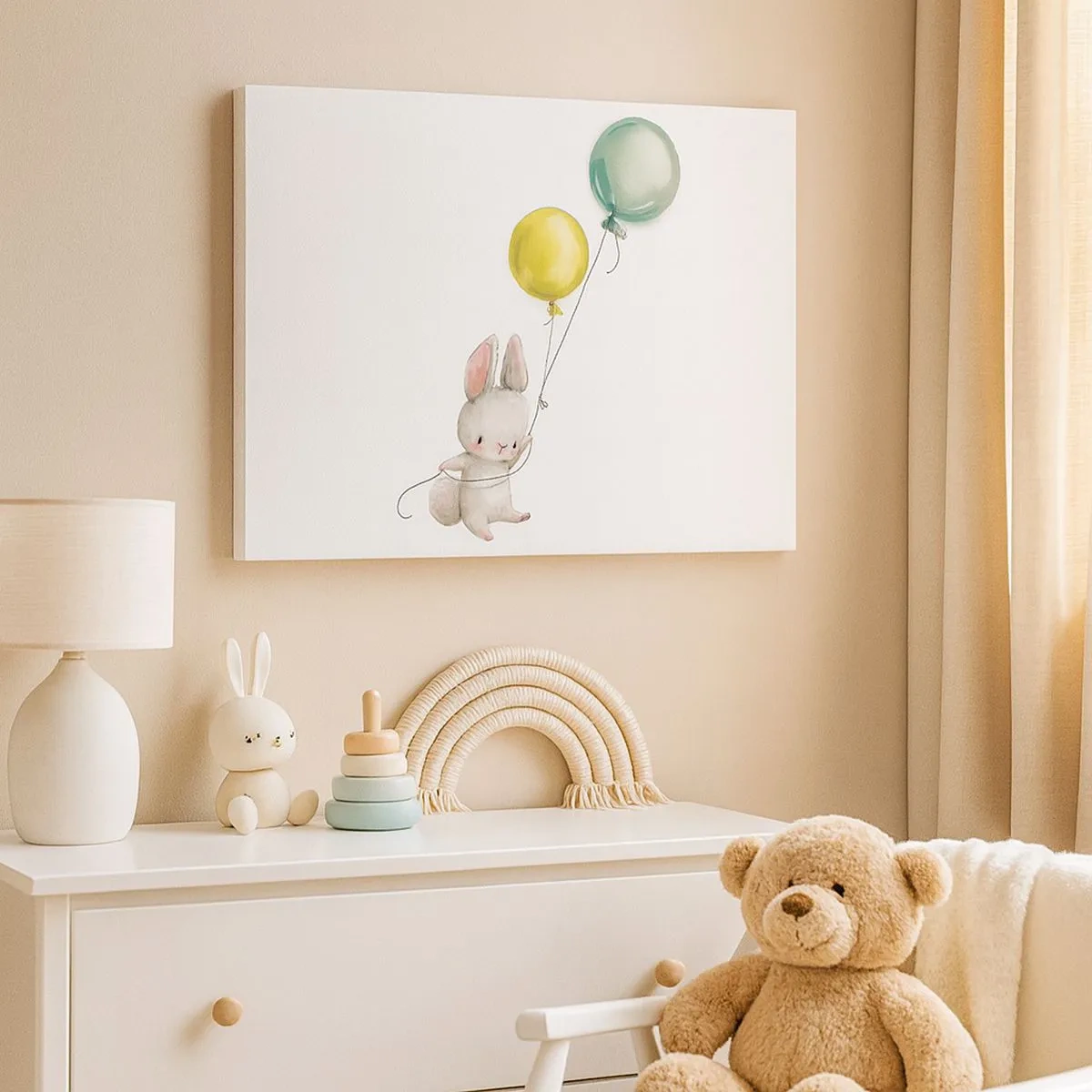 Schilderen op canvas - Een konijn met pastelkleurige ballonnen - 70x50cm - Ik ga ook vliegen! - Moderne wanddecoratie voor woonkamer en slaapkamer ARTTOR