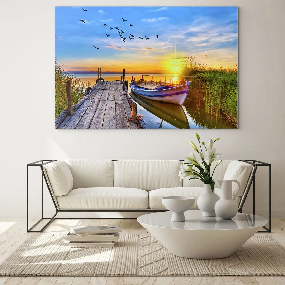 Schilderen op glas - Houten pier over een meer met een boot bij zonsopgang - 70x50cm - Ik zie je morgen - Moderne wanddecoratie voor woonkamer en slaapkamer ARTTOR