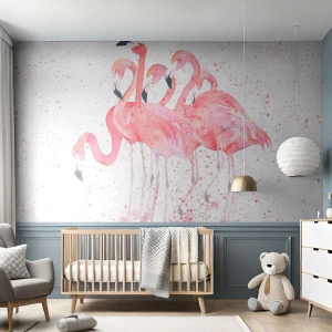 Fotobehang Premium Sand - Roze ensemble - Flamingo's, Vogels, Grafisch - 100x70 cm