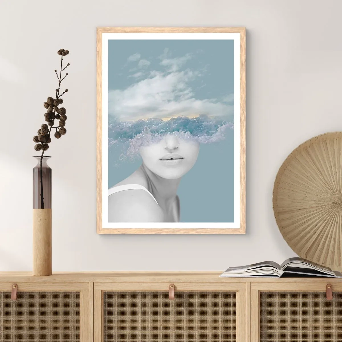 Een poster in een licht eiken lijst - Met hoofd in de wolken - 50x70 cm