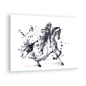 Schilderen op glas - Zwart-wit schilderij van een ruiter op een paard in abstracte stijl - 70x50cm - Zwarte ridder - Moderne wanddecoratie voor woonkamer en slaapkamer ARTTOR