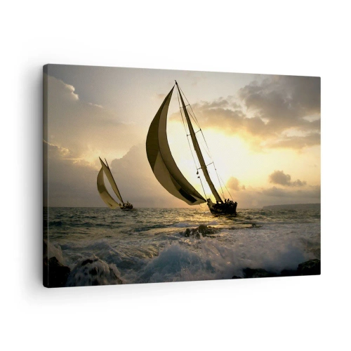Schilderen op canvas - Zeilboten op zee tijdens zonsondergang - 70x50cm - Met de wind en tegen de wind - Moderne wanddecoratie voor woonkamer en slaapkamer ARTTOR