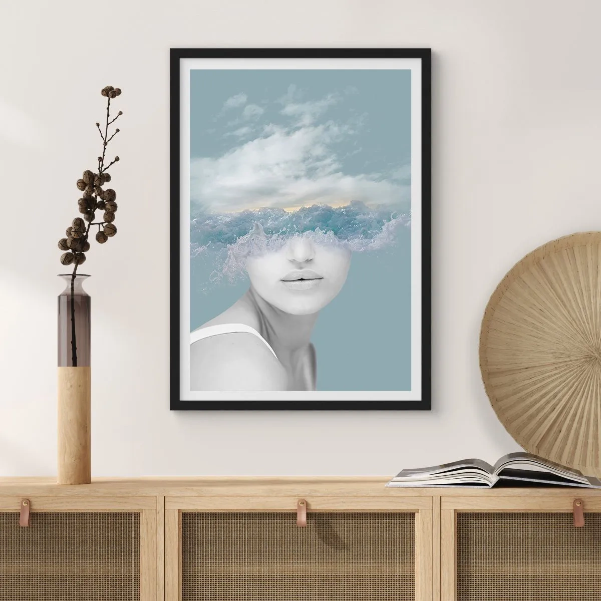 Poster in een zwarte lijst - Met hoofd in de wolken - 70x100 cm