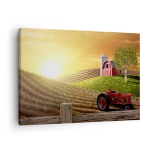 Schilderen op canvas - Landelijk landschap met een rode schuur, tractor en zonsopgang - 70x50cm - Een boerderij als uit een sprookje - Moderne wanddecoratie voor woonkamer en slaapkamer ARTTOR