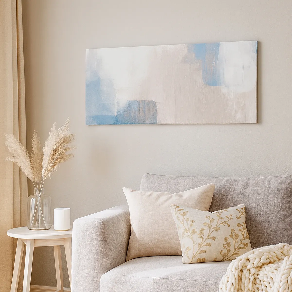 Schilderen op canvas - Roze abstractie achter een blauw gordijn - 30x30 cm