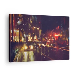 Schilderen op canvas - Nachtelijk stadsbeeld met kleurrijke lichten en straatreflecties - 70x50cm - Ondergedompeld in de lichten van de nacht - Moderne wanddecoratie voor woonkamer en slaapkamer ARTTOR