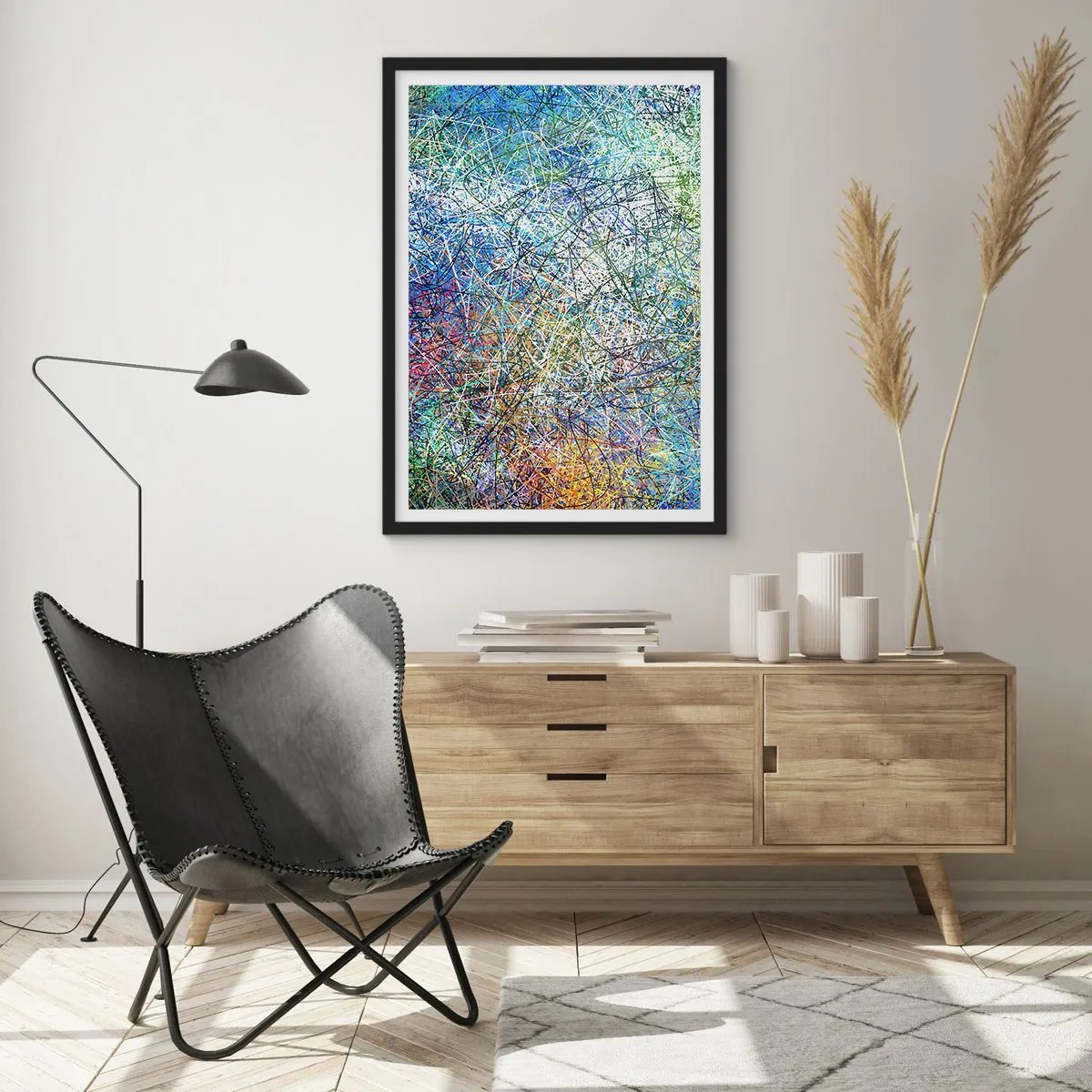 Poster in een zwarte lijst - Kleurrijke abstractie met dynamische lijnen en blauwtinten - 50x70cm - Het is niet zo eenvoudig - Moderne wanddecoratie voor woonkamer en slaapkamer ARTTOR