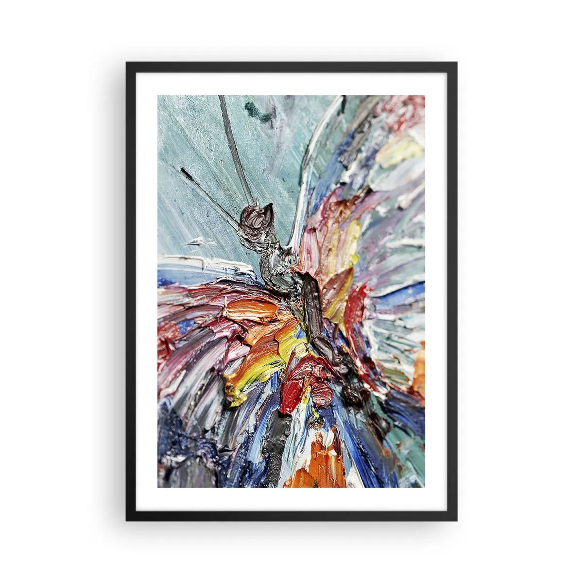 Poster in een zwarte lijst - Een abstracte vlinder met intense kleuren en texturen. - 50x70cm - Geschilderd door de natuur - Moderne wanddecoratie voor woonkamer en slaapkamer ARTTOR