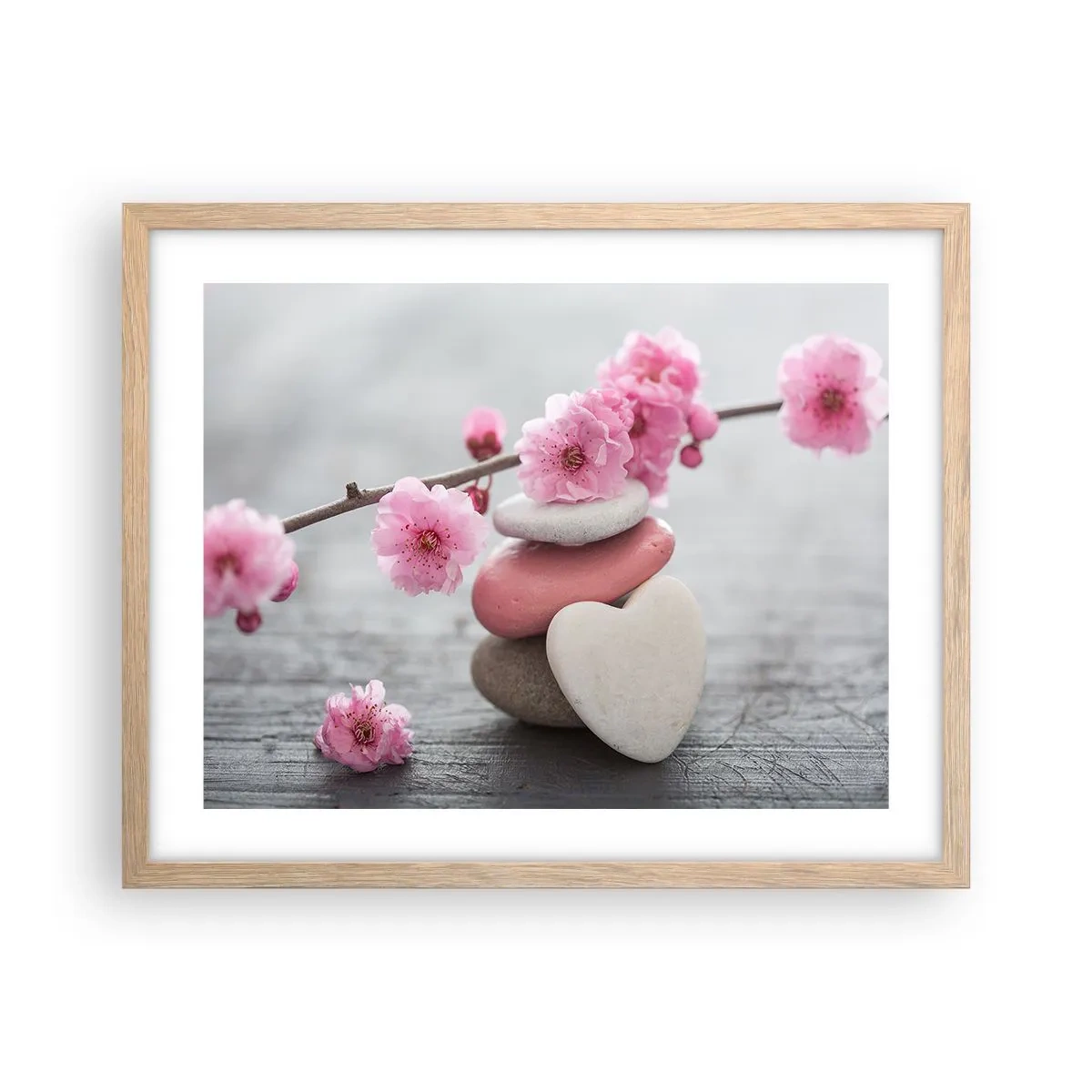 Een poster in een licht eiken lijst - Gelukzaligheid met een kersenbloesem - 50x40 cm