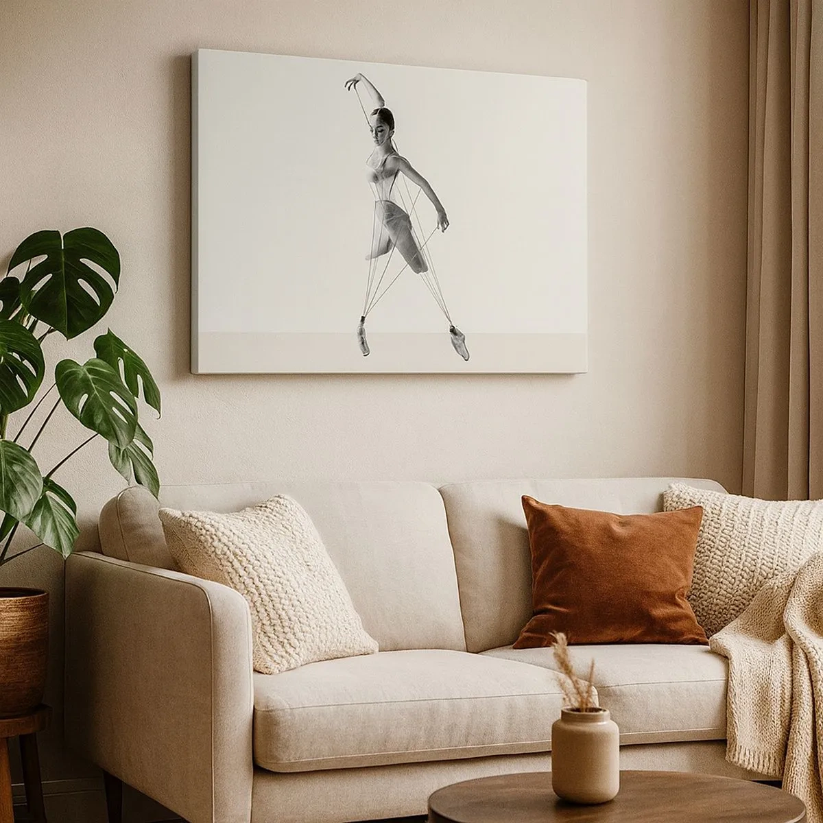 Schilderen op canvas - Ballerina in een geometrische interpretatie met lijnen - 70x50cm - In het theater van de wereld - Moderne wanddecoratie voor woonkamer en slaapkamer ARTTOR