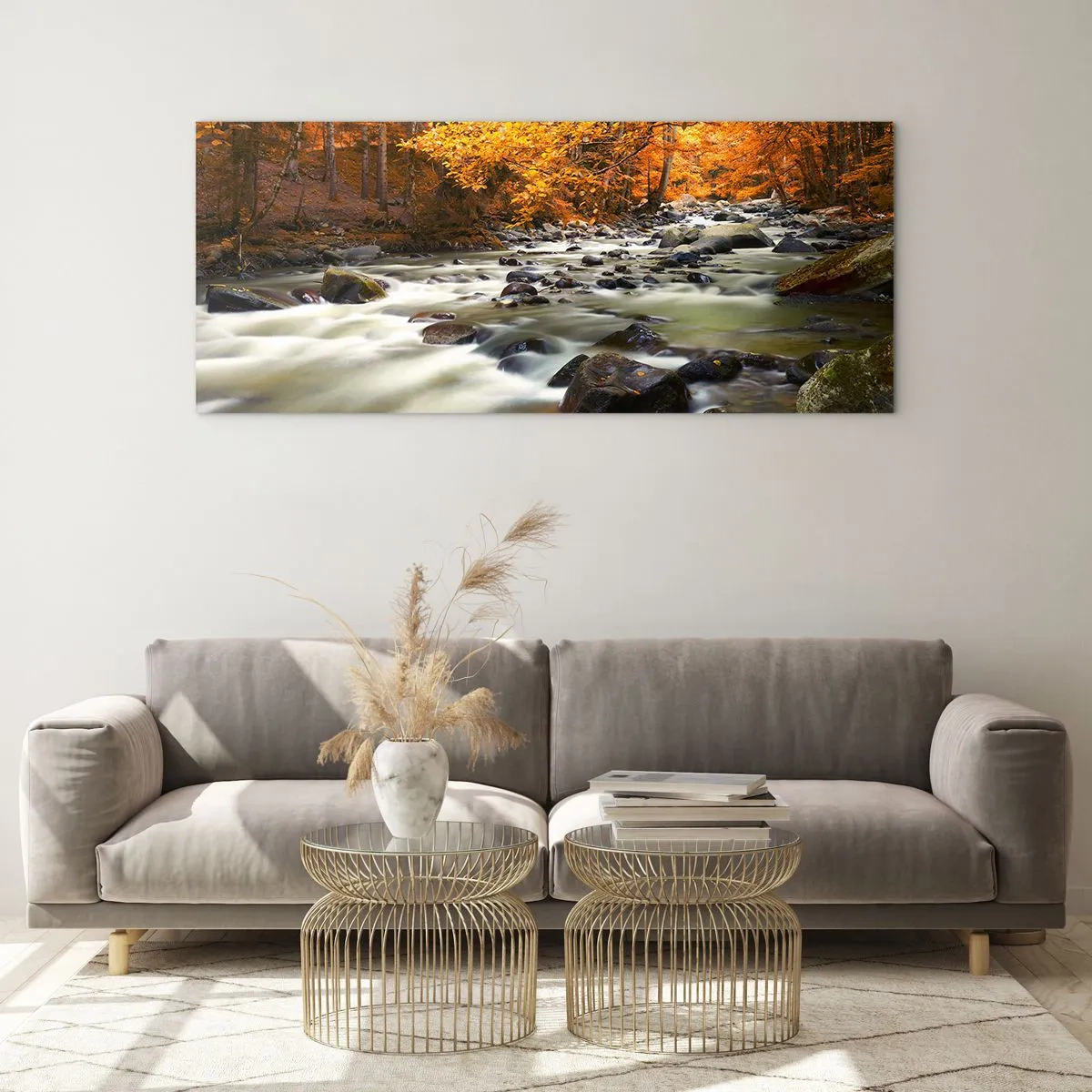 Schilderen op glas - Een stroom in een gouden bos - 160x50 cm