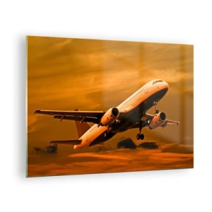 Schilderen op glas - Een opstijgend vliegtuig tegen een oranje lucht - 70x50cm - Vlucht naar de zon - Moderne wanddecoratie voor woonkamer en slaapkamer ARTTOR
