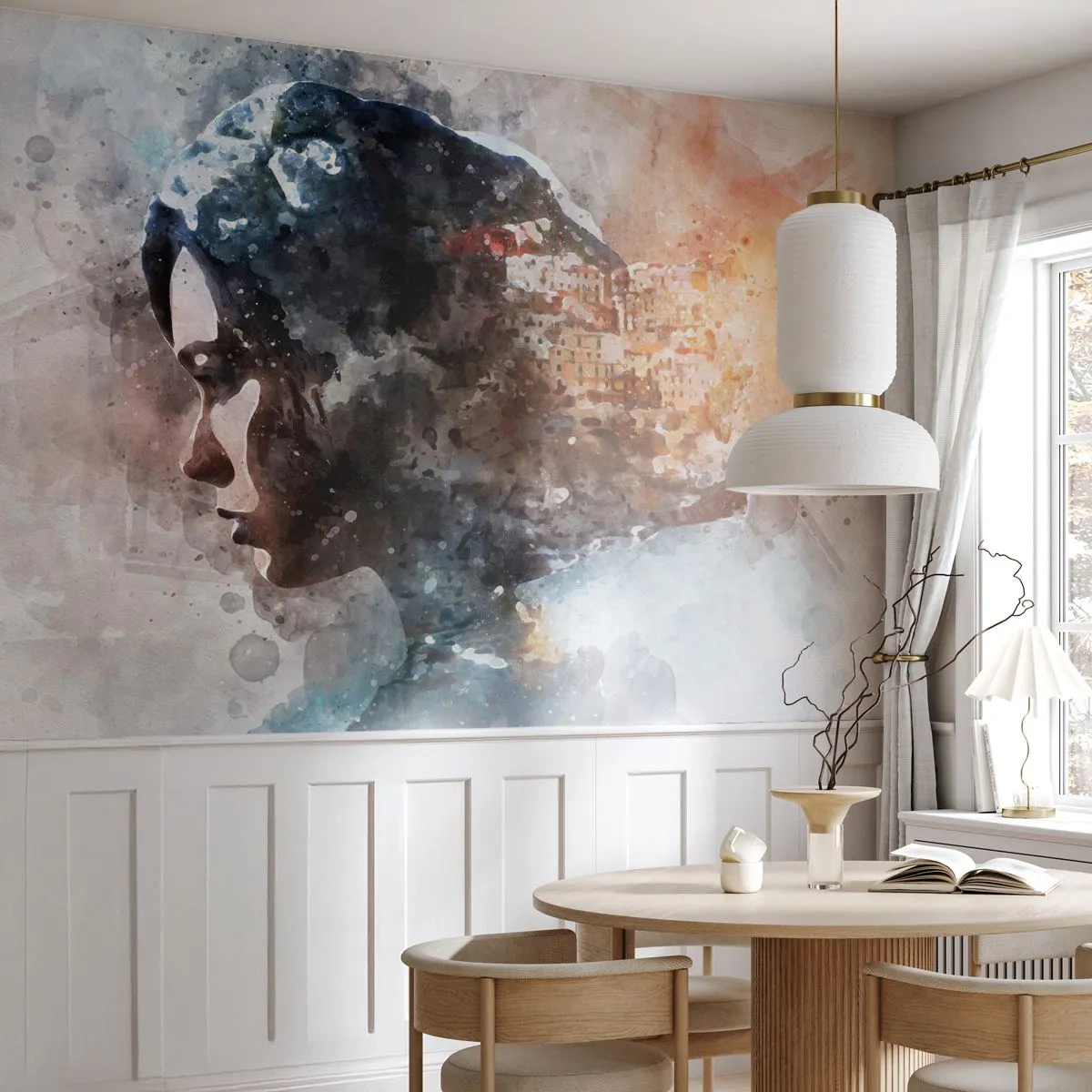 Fotobehang Premium Canvas - Een verhaal over een meisje met een stad op de achtergrond - Abstractie, Vrouw, Architectuur - 400x280 cm