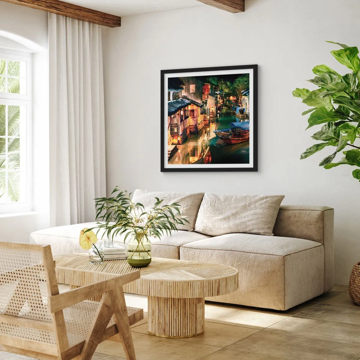 Poster in een zwarte lijst - Een avond op een Chinese straat - 40x40 cm