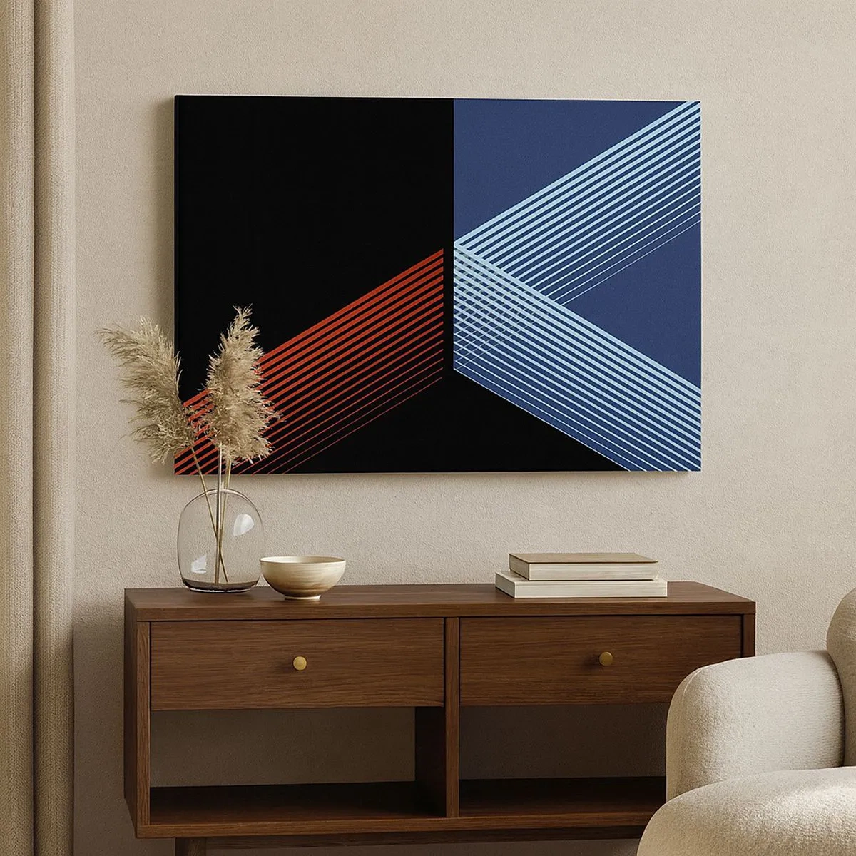 Schilderen op canvas - Geometrische lijnen in tinten rood en blauw - 70x50cm - Een eenvoudig verhaal - Moderne wanddecoratie voor woonkamer en slaapkamer ARTTOR