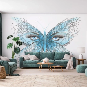 Fotobehang Premium Canvas - Eros pimpelmees - Abstractie, Vlinder, Vrouwelijke ogen - 450x315 cm
