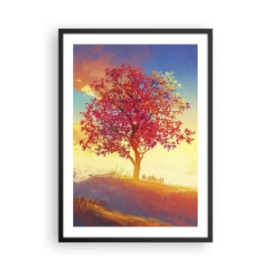 Poster in een zwarte lijst - Een boom met rode bladeren tegen de achtergrond van de ondergaande zon - 50x70cm - Pelgrim bij de bestemming - Moderne wanddecoratie voor woonkamer en slaapkamer ARTTOR