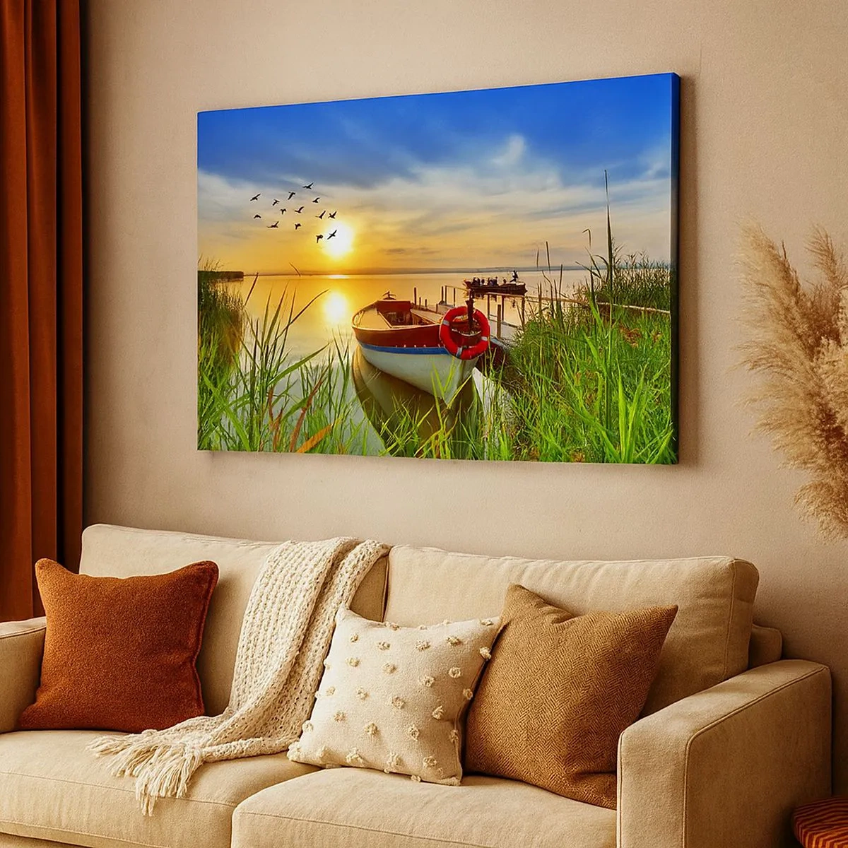 Schilderen op canvas - Een boot aan de oever van een meer bij zonsondergang - 70x50cm - De aalscholvers vliegen al weg - Moderne wanddecoratie voor woonkamer en slaapkamer ARTTOR