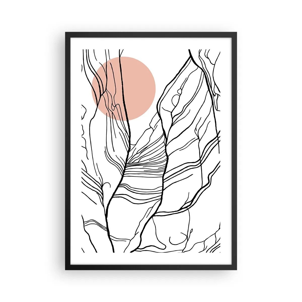 Poster in een zwarte lijst - Minimalistische lijnkunst met een roze cirkel op de achtergrond - 50x70cm - In een web van twijgen - Moderne wanddecoratie voor woonkamer en slaapkamer ARTTOR