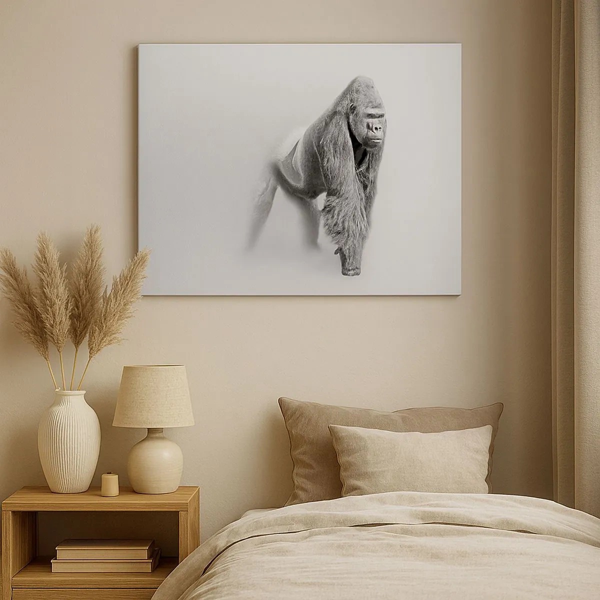 Schilderen op canvas - Gorilla in monochrome tinten op een witte achtergrond - 70x50cm - Vertrouwen in zijn kracht - Moderne wanddecoratie voor woonkamer en slaapkamer ARTTOR