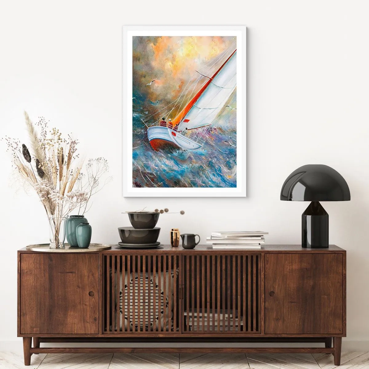 Poster in een witte lijst - Lopend op de golven - 70x100 cm
