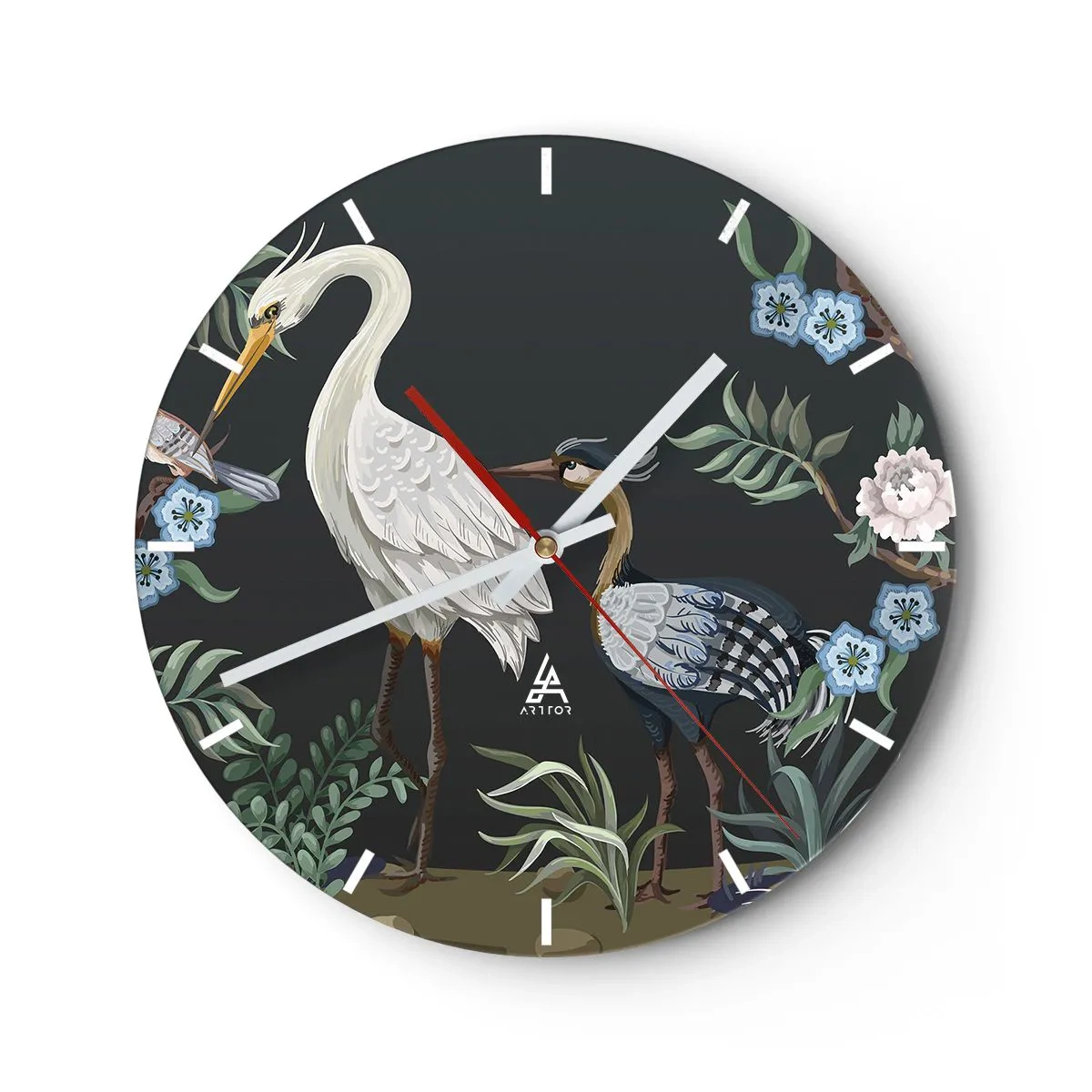 Wandklok - Klok - Decoratieve vogels tussen planten op een donkere achtergrond - 30x30cm - Vogelparade - Moderne wanddecoratie voor woonkamer, keuken en slaapkamer ARTTOR