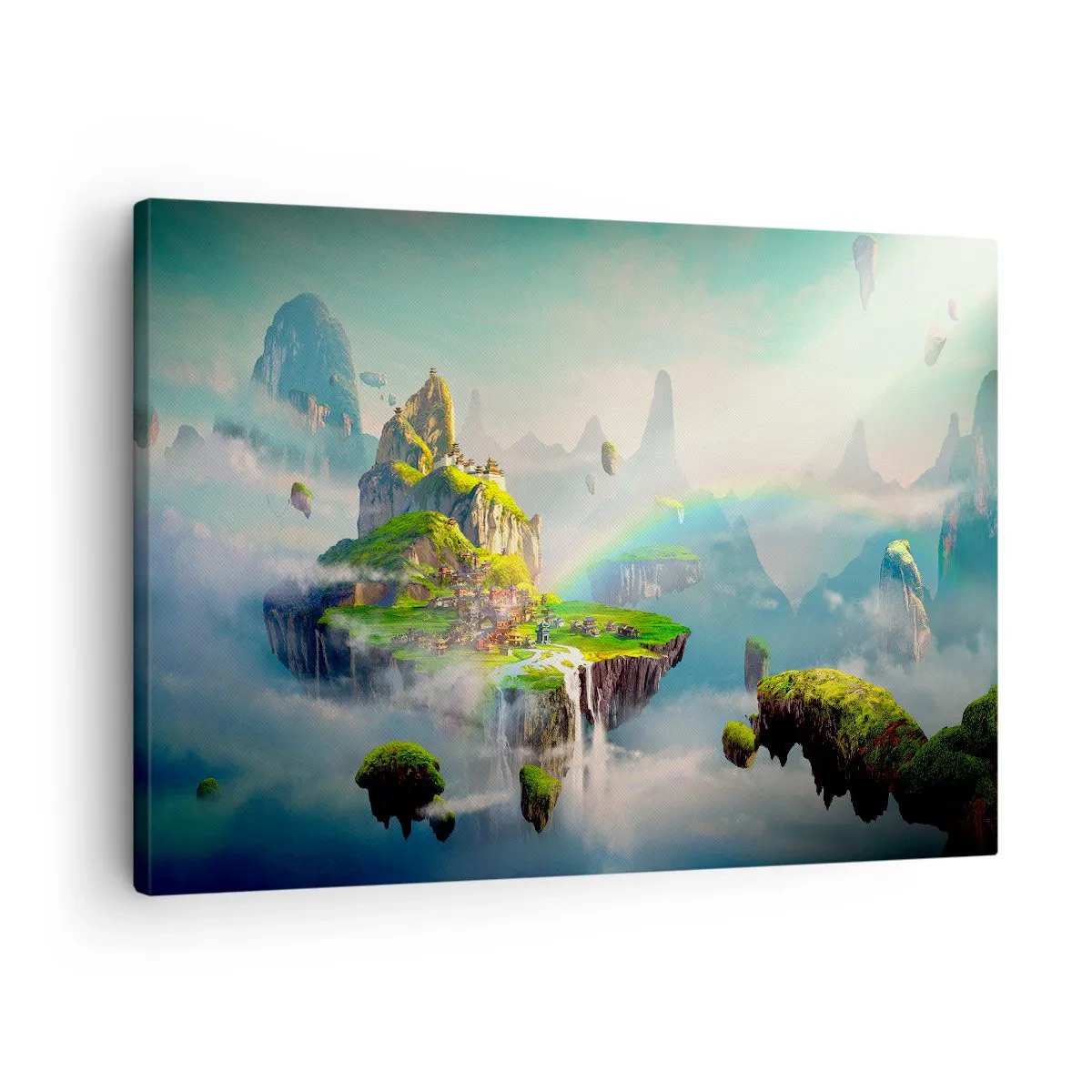 Schilderen op canvas - Vliegende eilanden tussen de wolken met een regenboog aan de horizon - 70x50cm - Midden in de lucht - gelukkige eilanden - Moderne wanddecoratie voor woonkamer en slaapkamer ARTTOR