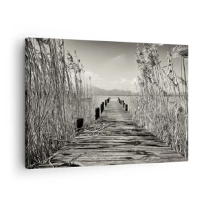 Schilderen op canvas - Een houten steiger tussen hoog gras boven een sepiakleurig meer - 70x50cm - In de stilte van het gras - Moderne wanddecoratie voor woonkamer en slaapkamer ARTTOR